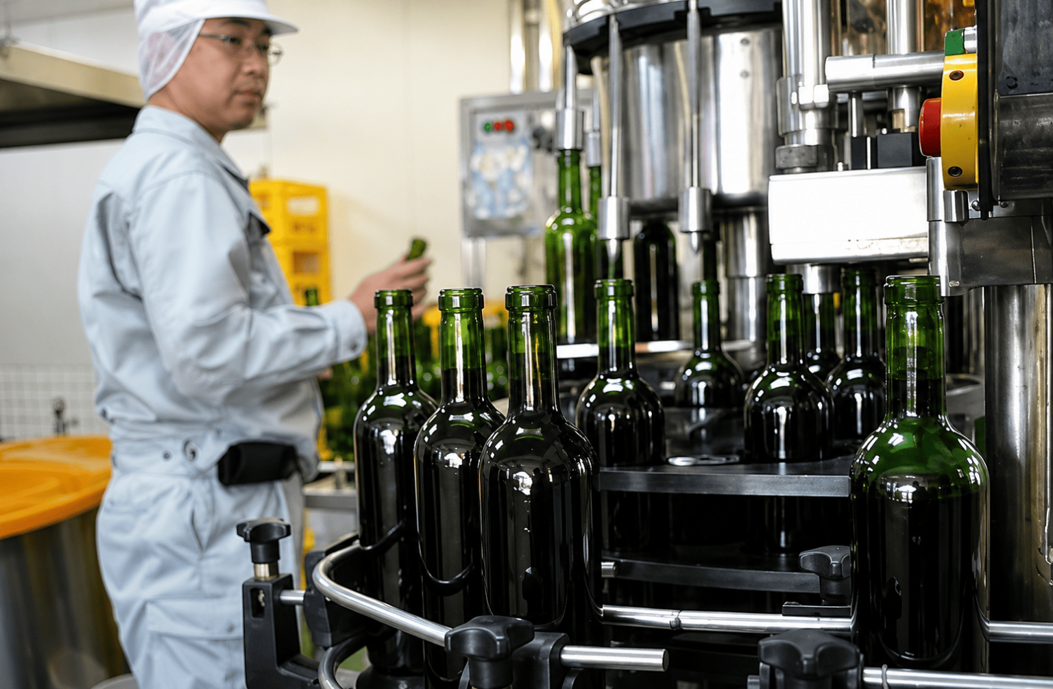 酒類製造ラインでの品質チェックの様子